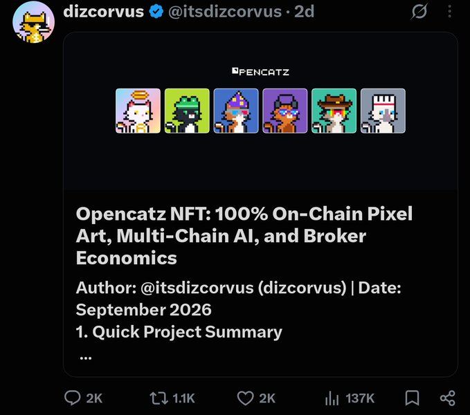 The image is a screenshot of an X (Twitter) post by user "dizcorvus" (@itsdizcorvus) from 2 days ago, which displays the header of an article titled "Opencatz NFT: 100% On-Chain Pixel Art, Multi-Chain AI, and Broker Economics" authored by @itsdizcorvus (dizcorvus) dated September 2026. The article preview features a "PENCATZ" logo above six colorful pixel-art cat characters (yellow, green, blue, orange/brown, red, and white) on a black background, and the post has received 2K replies, 1.1K reposts, 2K likes, and 137K views, illustrating the article being shared about the Opencatz NFT collection that is built 100% on-chain with no IPFS or external servers.