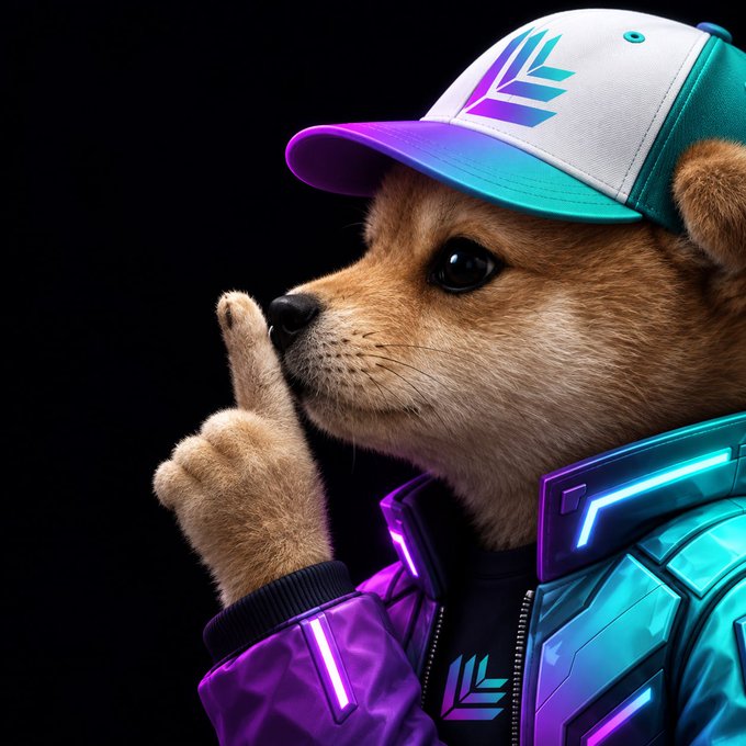 A 3D-rendered anthropomorphic Shiba Inu dog wearing a colorful cap and a futuristic purple and teal jacket, holding a paw up to its mouth in a 'shh' gesture.