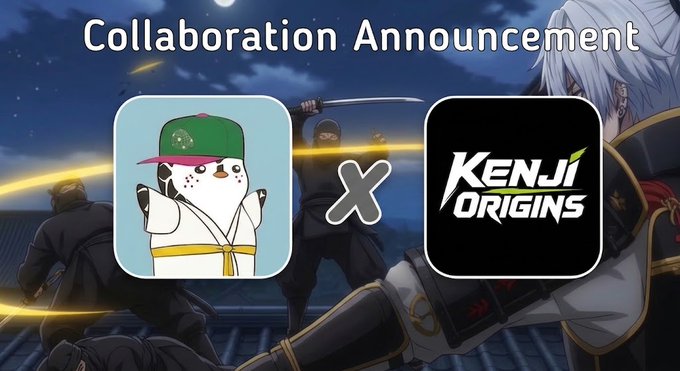 A 'Collaboration Announcement' graphic shows two app icons with an 'X' between them: a snowman character in a green cap and a martial arts gi, and the 'Kenji Origins' logo, set against an anime battle background.