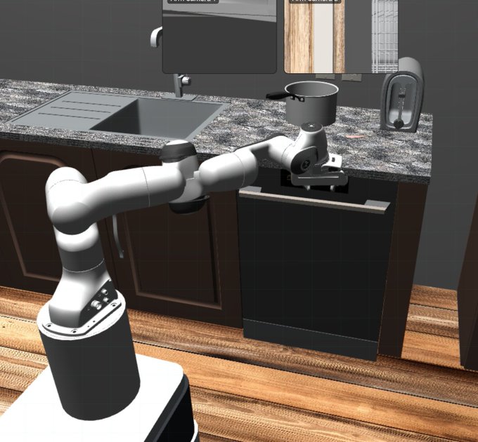 A 3D-rendered robotic arm stands in a modern kitchen environment next to dark cabinets, a granite countertop with a sink, and a cooking pot.