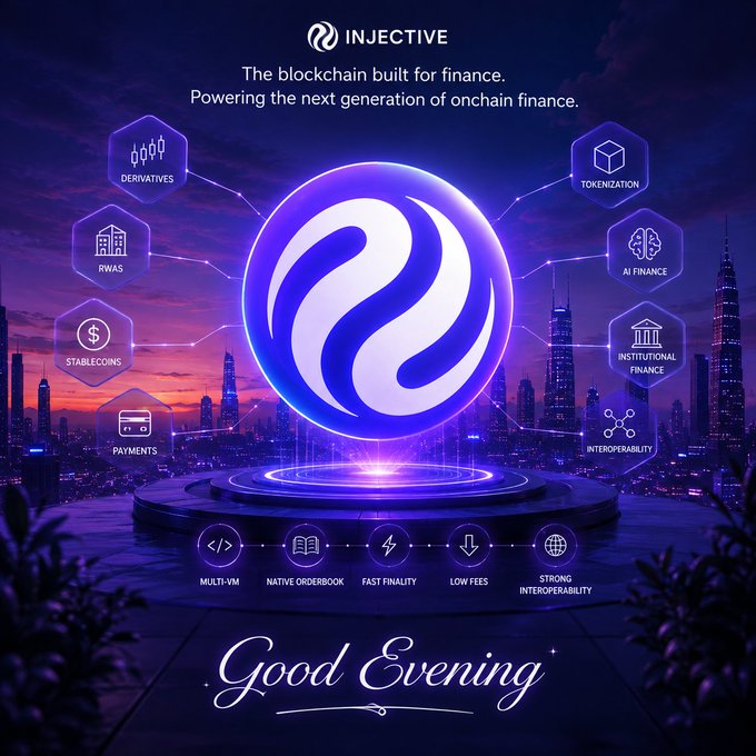 An Injective blockchain promotional graphic displaying 'The blockchain built for finance' with categories like Derivatives, RWAs, Stablecoins, AI Finance, and Interoperability around a glowing logo, captioned 'Good Evening'.