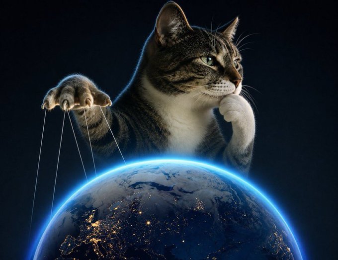 A tabby cat in a thinking pose controls Earth like a marionette, with strings attached to its paw connecting down to the planet shown from space.