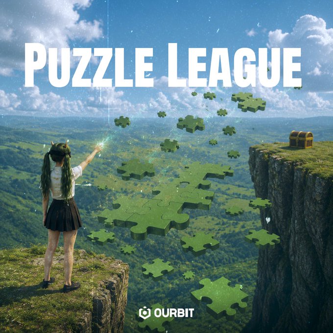 A promotional graphic for 'PUZZLE LEAGUE' showing a girl on a cliff reaching toward floating green puzzle pieces with a treasure chest on another cliff, branded 'OURBIT' at the bottom.
