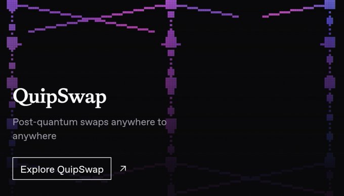 A dark digital interface displaying the text 'QuipSwap', 'Post-quantum swaps anywhere to anywhere', and a button reading 'Explore QuipSwap', set against a purple geometric background pattern.