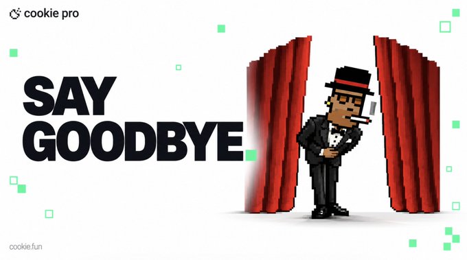 A "Cookie Pro" ad with pixel art style imagery shows a 3D-rendered figure in a tuxedo and top hat emerging from red curtains alongside bold text reading "SAY GOODBYE." The pixelated character visually represents the anonymous CryptoPunk avatar that the seedphrase account is abandoning after selling it for $5.9M, symbolizing his departure from the pseudonymous identity.