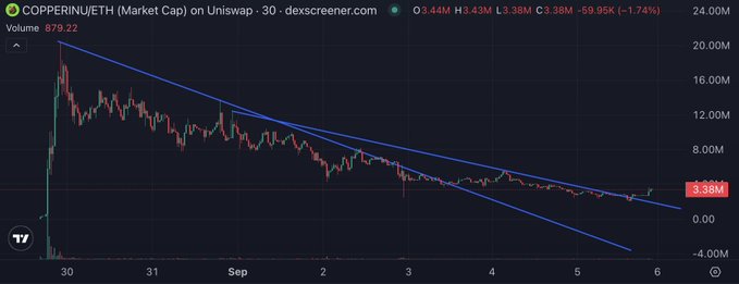 A candlestick chart from Dexscreener shows COPPERINU/ETH market cap declining from ~20M down to 3.38M (-1.74%) over a week-long period (Aug 30-Sep 6), with two downward-sloping trendlines forming a bearish channel. The image visually reinforces the post's claim about "weak hands" being shaken out, as the steady downtrend illustrates continuous selling pressure on the token's valuation.