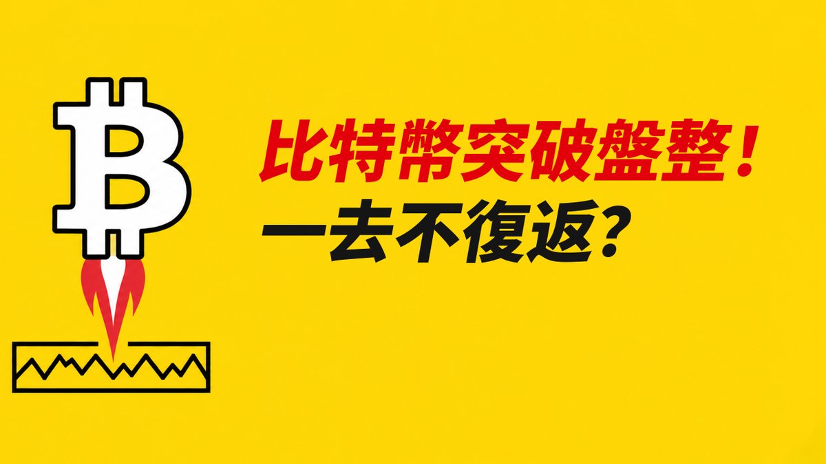 A yellow graphic showing a Bitcoin rocket lifting off with the Chinese text "比特幣突破盤整！一去不復返？" (Bitcoin breaks out of consolidation! Gone forever?).