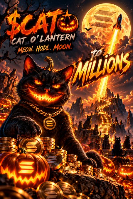 A Halloween-themed promotional image titled '$CAT O'LANTERN' with the tagline 'MEOW. HODL. MOON. TO THE MILLIONS,' depicting a menacing black cat with glowing orange eyes wearing a Solana logo medallion, surrounded by jack-o'-lanterns and gold coins.