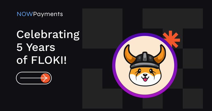 The image is a promotional graphic from NOWPayments celebrating Floki's 5-year anniversary, featuring a cartoon Shiba Inu mascot wearing a Viking horned helmet inside a purple-bordered circle, with the headline "Celebrating 5 Years of FLOKI!" alongside the NOWPayments logo, tying into the post's Viking-themed congratulatory message about supporting FLOKI payments.