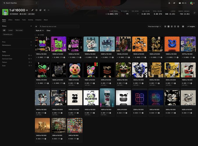 A dark-themed NFT marketplace interface displaying a grid of various digital collectibles with prices listed in ETH, showing floor price and volume statistics at the top.