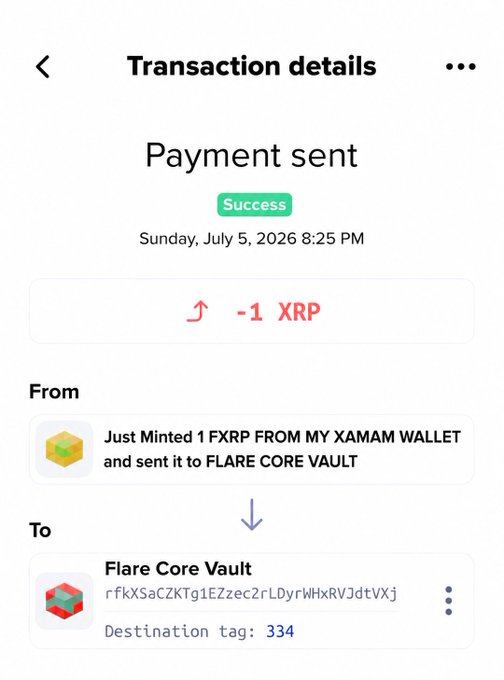A transaction confirmation screen showing a successful payment of -1 XRP sent from an XMAM wallet to the Flare Core Vault, dated Sunday, July 5, 2026.
