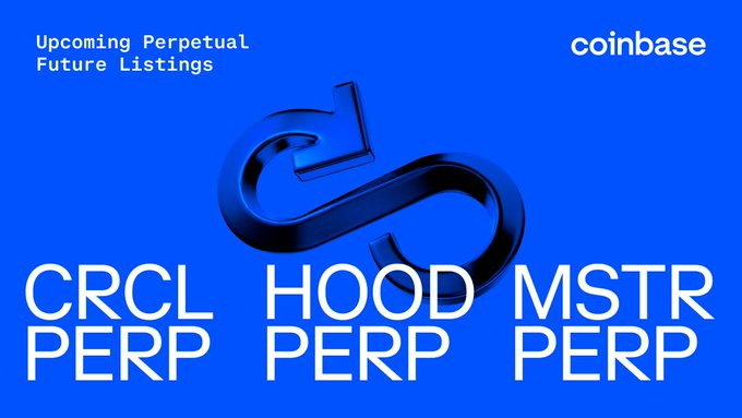 A blue Coinbase promotional graphic announcing upcoming perpetual future listings for CRCL-PERP, HOOD-PERP, and MSTR-PERP, matching the post's announcement that trading will begin on or after 9:00am UTC on 21 July 2026.