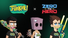 Promotional artwork for the "FUNKARI x ZERO TO HERO" collaboration, featuring cartoon characters including a zombie-like figure with a skateboard, a character with a TV-shaped head, and a boy holding a glowing sword. The image visually announces the trait collaboration between the Funkari NFT project and Zero To Hero Academy.
