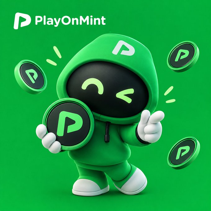 A green 3D mascot character in a hoodie winks and holds green 'P' tokens representing 'PlayOnMint' against a green background.