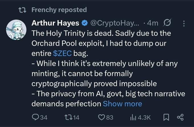 The image shows a text conversation between someone who has written a message about an item called "a $HYPE zec bag", which was dumped by Arthur Hayes, a Cryptographer and Bitcoin enthusiast. The person has mentioned that the "zec" is referring to a cryptocurrency exchange, implying that a Cryptocurrency trader named Arthur Hayes may have abandoned his digital wallet after dumping it.