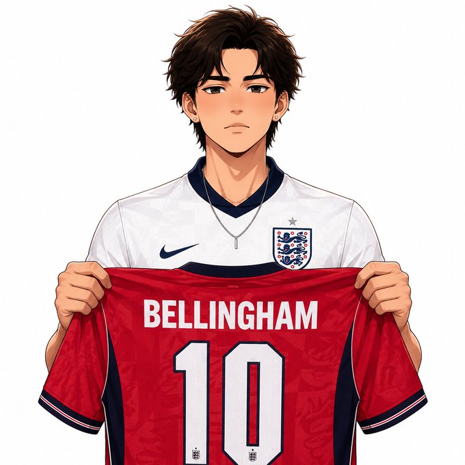 An anime-style illustration of a young man wearing an England football jersey, holding up a red jersey with the name "BELLINGHAM" and the number "10" on the back. The image reflects the optimistic sentiment of the caption "gm ct this week will be good" by depicting a celebrated athlete in a triumphant pose.