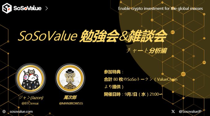 Promotional graphic for the SoSoValue 勉強会&雑談会 (Study Session & Chat), Chart Analysis Edition, scheduled for September 2nd (Wed) at 21:00, featuring speakers ジャン (Jazon, @BTCtensai) and 萬次郎 (@MANJIIROWS55), with participants receiving 80 SoSo tokens (ValueChain). The tagline "Enable crypto investment for the global masses" appears at the top, and the design ties to the hosted research session on RWA assets and Moonshot AI (Kimi) discussed in the accompanying post.