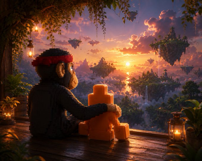 A LEGO figure wearing a red headband sitting on a wooden deck at sunset, watching floating islands in a fantasy landscape while holding orange blocks.