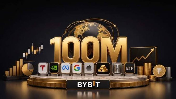 The image features an advertisement for a 100M Global Assets giveaway, with a gold background and various logos representing different companies such as Google, Apple, and Ethereum. The text "Bybit" is prominently displayed at the bottom of the image, indicating that this is part of a Bybit campaign. The post encourages users to join the giveaway by providing their email address or other registration information.