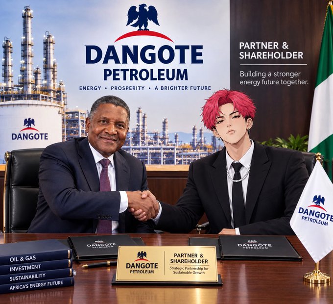 A composite image showing a man in a suit shaking hands with an anime-style character with pink hair in a business setting, with 'DANGOTE PETROLEUM' branding, 'PARTNER & SHAREHOLDER' text, and 'Energy • Prosperity • A Brighter Future' tagline visible.