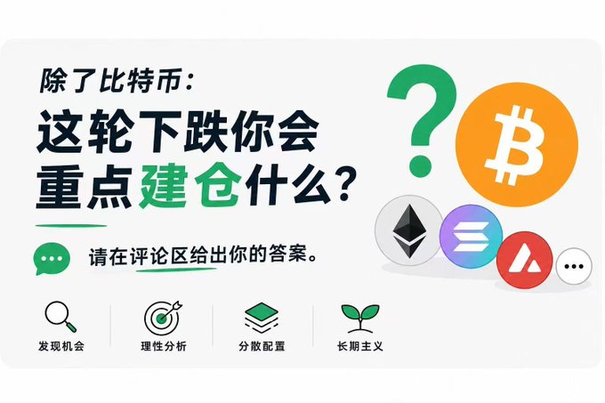 A Chinese-language promotional graphic asking viewers what crypto (besides Bitcoin) they would accumulate during a downturn, featuring Bitcoin, Ethereum, Avalanche, and other coin icons alongside tags for "Discover Opportunity," "Rational Analysis," "Diversified Allocation," and "Long-termism."