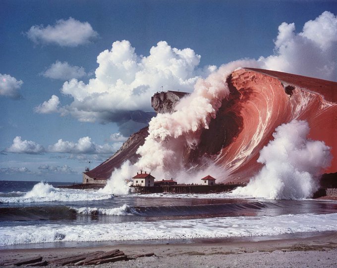 A dramatic scene of massive waves crashing against a rocky cliff face near a coastal building under a cloudy blue sky.