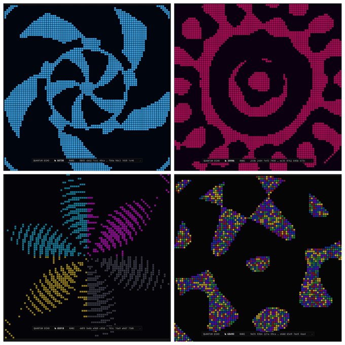 Four-panel digital artwork in pixelated/LED-style designs featuring a face, a rose, a pinwheel pattern, and abstract shapes in blue, pink, and multicolored hues.