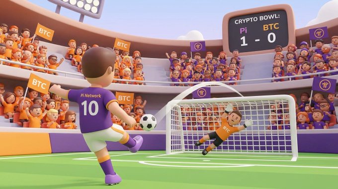 A cartoon-style 'Crypto Bowl' scene shows Pi Network scoring 1-0 against BTC, with a Pi player kicking toward a BTC goalkeeper in a stadium.