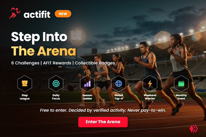 A promotional banner for 'actifit' titled 'Step Into The Arena,' featuring runners on a track and listing six challenges including 'Step League,' 'Daily Focus,' and 'Season Ladder,' with an 'Enter The Arena' button.
