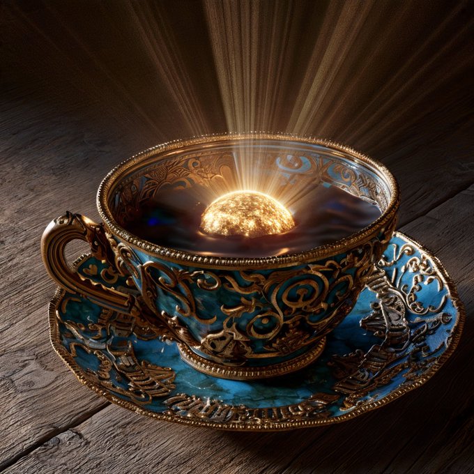 An ornate teacup and saucer set rests on a wooden surface, featuring elaborate gold filigree detailing over a turquoise blue base. A glowing golden orb emits bright rays of light from within the dark liquid inside the cup.