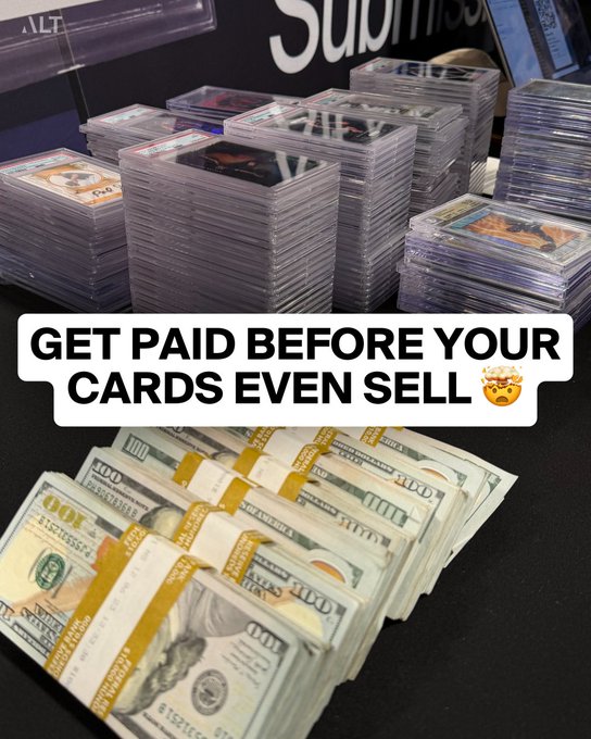 A promotional image showing stacks of graded sports cards at the top and bundled $100 bills at the bottom, with bold text reading 'GET PAID BEFORE YOUR CARDS EVEN SELL 🤯'.
