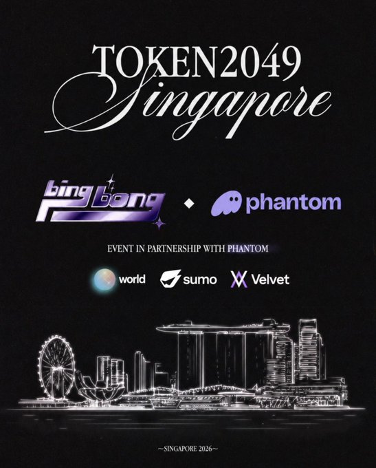 A promotional poster for TOKEN2049 Singapore (2026) announcing the Bing Bong event in partnership with Phantom, alongside World, Sumo, and Velvet, set against a wireframe illustration of the Singapore skyline featuring the Marina Bay Sands and Singapore Flyer.