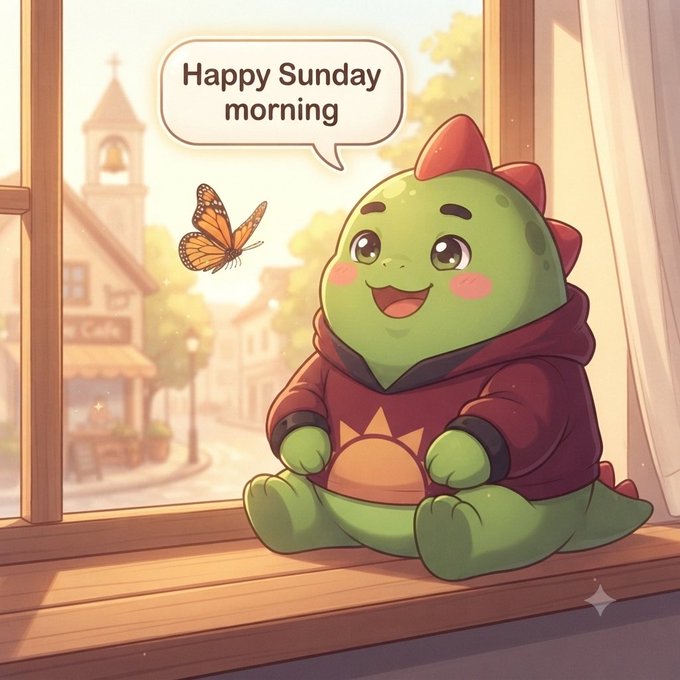 An adorable green cartoon dinosaur wearing a red hoodie sits on a windowsill, smiling and saying 'Happy Sunday morning' with a butterfly nearby.