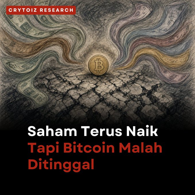 A Cryptoiz Research graphic titled 'Saham Terus Naik Tapi Bitcoin Malah Ditinggal' (Indonesian for 'Stocks Keep Rising But Bitcoin Gets Left Behind') showing a Bitcoin coin with swirling colorful streams.