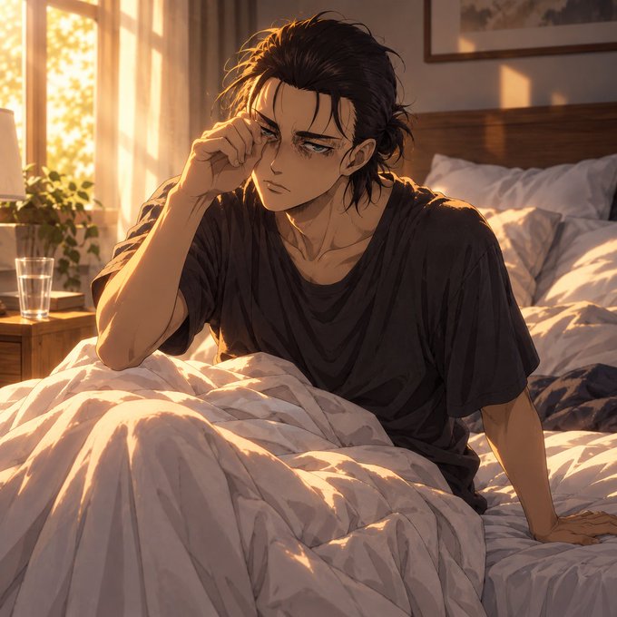 An anime-style illustration shows a tired-looking young man with messy dark hair sitting on a bed with rumpled white sheets, lit by warm sunlight from a nearby window.