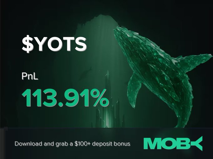 A promotional graphic for Moby Mobile featuring a crystalline green whale swimming in dark underwater depths, displaying a "Win Alert" for the $YOTS token with a PnL of 113.91%, along with text advertising a "$100+ deposit bonus" for new app downloads.