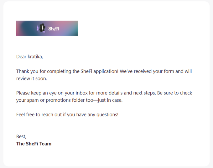The image features a white envelope with black text, which appears to be an email from a company named Sheffi. It contains a message that reads "Dear [Recipient's Name]", "Thank you for completing the Sheffi application. We're received your form and will review soon." The post also includes a caption about a girl named Solana Summer who is applying for a job at Sheffi, which seems to be an advertisement or promotional message related to the company.