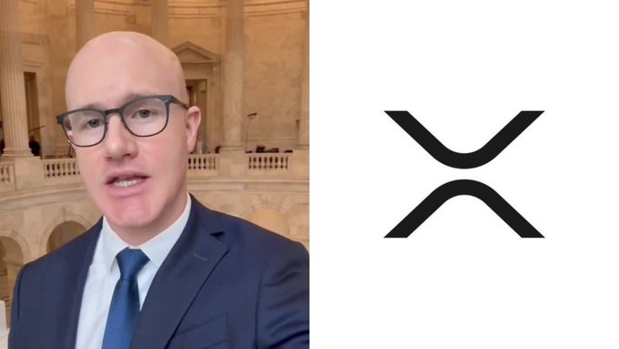 The image displays Coinbase CEO Brian Armstrong on the left alongside the XRP logo on the right, visually reinforcing the post's message about opening the $12.5 trillion 401(k) retirement market to cryptocurrencies like XRP.