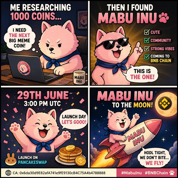 A four-panel comic advertisement features a pink Shiba Inu character ("MABU INU") promoting its meme coin launch, highlighting "CUTE," "COMMUNITY," "STRONG VIBES," and "COMING TO BNB CHAIN" on June 29th at 3:00 PM UTC on PancakeSwap, with the final panel showing the dog riding a rocket to the moon alongside contract address details and hashtags #MabuInu #BNBChain. The image visually reinforces the post's message about Mabu Inu's passionate community and its upcoming launch on the BNB Chain.