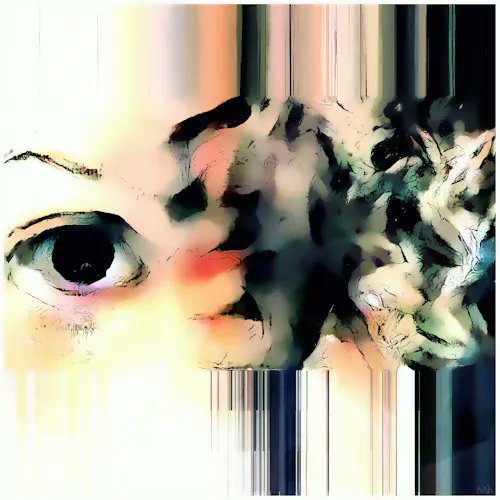 A glitchy, distorted digital art piece showing a close-up of an eye merging with abstract colorful shapes.