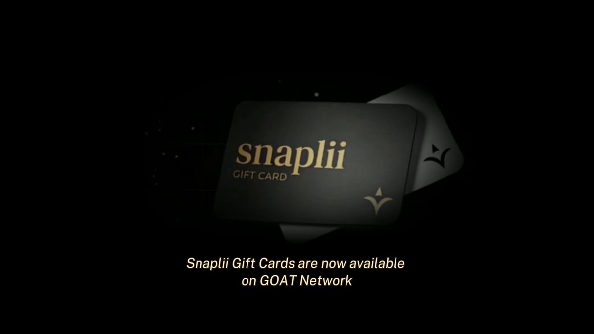 The image features a black background with white text that reads "Snapli Gift Cards are now available". The text also includes links to the Snapli Gift Card Network website, which allows users to purchase gift cards from major merchants such as Airbnb, Amazon, Apple, and more. The post encourages people to buy these gift cards using cryptocurrency, specifically USDC or USDT, for a seamless online shopping experience.