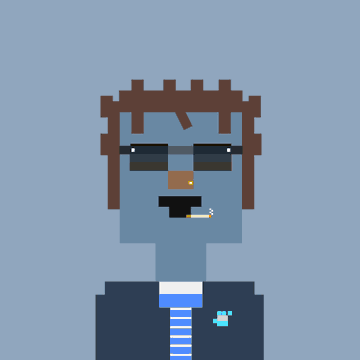 A pixel art portrait of a blue-skinned man with brown dreadlocks, dark sunglasses, and a cigarette, wearing a striped shirt and dark jacket.