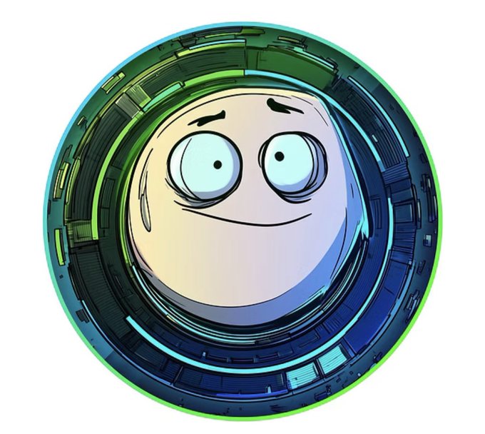 A digital illustration of a round, white cartoon face with wide, manic eyes and a slight smile, encased within a futuristic, circular metallic blue and green frame.
