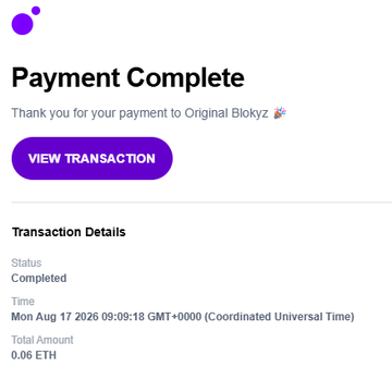 A payment confirmation screen showing a completed transaction of 0.06 ETH to "Original Blokyz" on Mon Aug 17 2026 at 09:09:18 GMT+0000, verifying the user's presale purchase mentioned in the post.