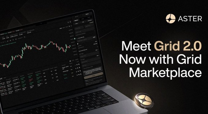 An ASTER promotional banner reading 'Meet Grid 2.0 Now with Grid Marketplace' displayed on a laptop showing a trading chart with the ASTER coin beside it.