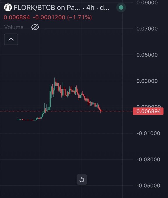A 4-hour candlestick chart of FLORK/BTCB on a trading platform, showing a sharp price spike up to around 0.03 followed by a steep decline back to the current price of 0.006894 (down 1.71%), with a dotted horizontal line marking the "Pico bottom" level. The chart visually supports the claim of max capitulation, illustrating the classic pump-and-dump pattern as price collapsed from its peak.