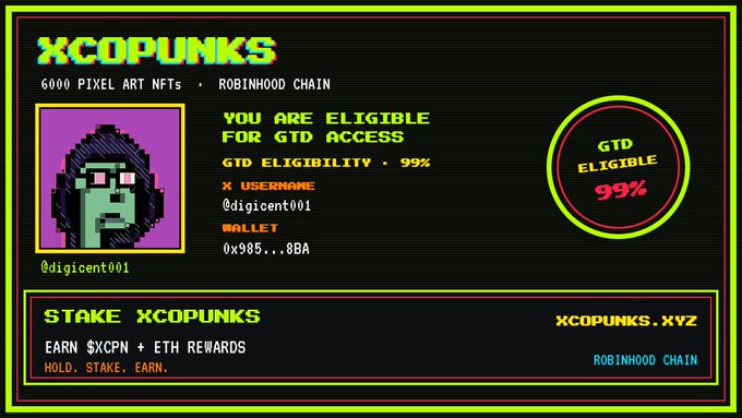 A pixel art NFT certificate for XCOPUNKS on Robinhood Chain shows GTD eligibility at 99% for user @digicent001 with wallet 0x985...8BA, featuring a green-faced pixel avatar and website XCOPUNKS.XYZ.