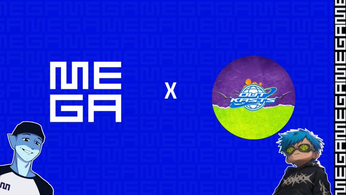 A collaboration banner between MEGA and what appears to be ASM (Anime Soul Mates) gaming, featuring two anime-style characters on a blue patterned background.