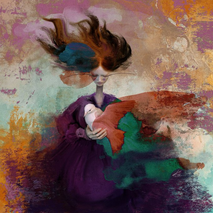 A colorful digital painting shows a woman in a purple dress holding a white dove, with her hair billowing upward against a textured abstract background.
