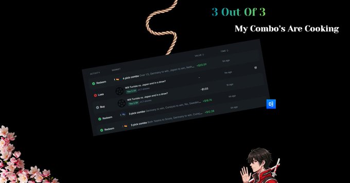 The image features a poster with text that reads "3 Out Of 3 Are Cooking My Combo's Are Cooking" and includes a cartoon of a person holding chopsticks over their head, suggesting they are cooking something Asian. The poster also has a link to a website called polymarket.com, which is related to the post about W on social media.